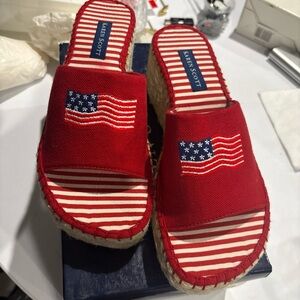 Karen Scott Women’s Red Espadrille Slide Sandals with Flag Detail NOS NIB 7.5